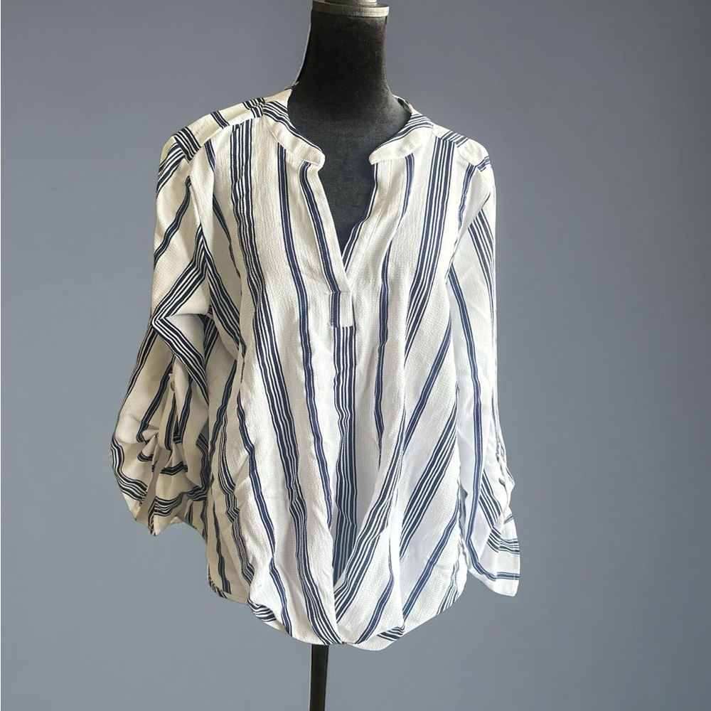 NY Collection Navy and White Striped Women’s Blouse Top YT3
